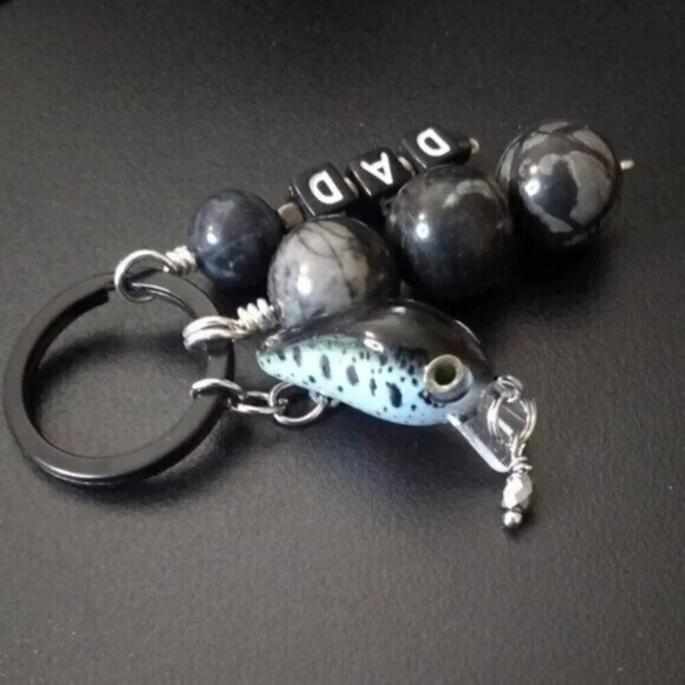 DAD! Personalized Fishing Lure Key Chain - Beaded Black + Gray Fish Key Ring